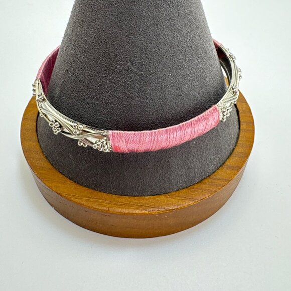 Silver Tone Scroll Design Bangle Bracelet Pink Cord Wrap Size 7.5" Fit - Picture 1 of 9